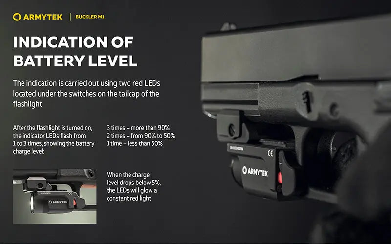 Lampe Tactique Armytek Buckler M1 700 Lumens - Montage Arme de Poing - Rechargeable Magnétique - IP67 - NYCTALOPE