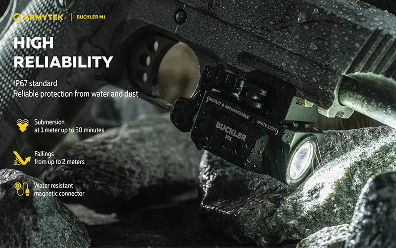 Lampe Tactique Armytek Buckler M1 700 Lumens - Montage Arme de Poing - Rechargeable Magnétique - IP67 - NYCTALOPE