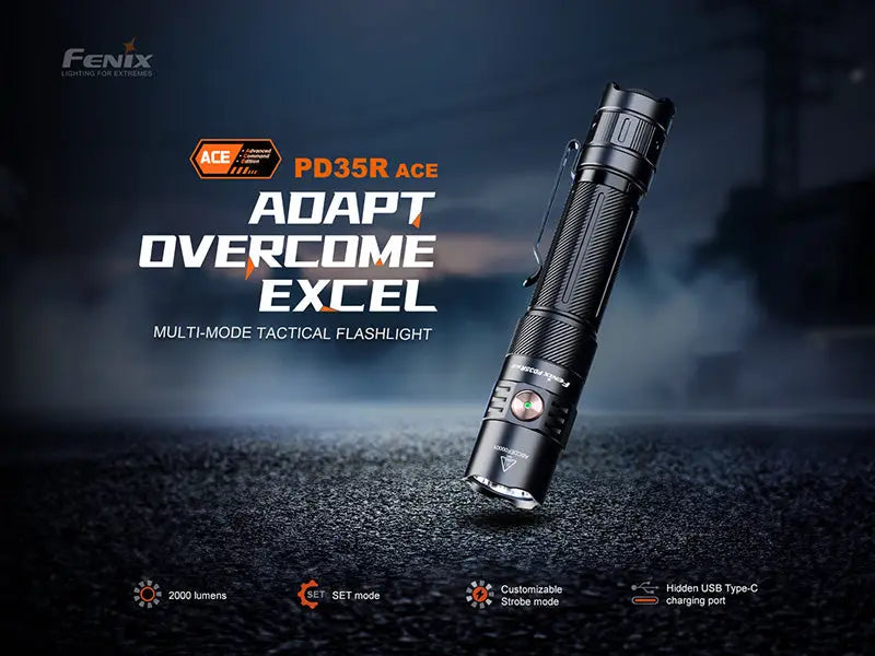 Lampe Tactique Fenix PD35R ACE 2000 Lumens - Multimodes - Rechargeable USB-C  NYCTALOPE  