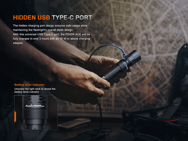 Lampe Tactique Fenix PD45R ACE 3200 Lumens - 6 modes personnalisables - Commutateur tactique - Rechargeable USB-C - NYCTALOPE