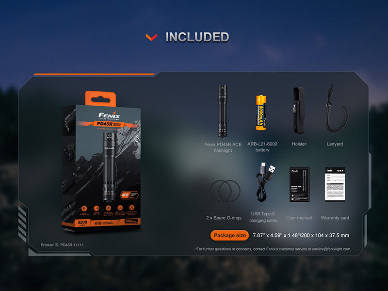 Lampe Tactique Fenix PD45R ACE 3200 Lumens - 6 modes personnalisables - Commutateur tactique - Rechargeable USB-C - NYCTALOPE