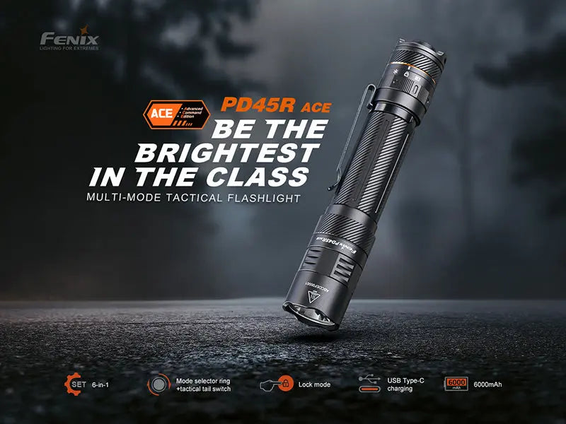 Lampe Tactique Fenix PD45R ACE 3200 Lumens - 6 modes personnalisables - Commutateur tactique - Rechargeable USB-C - NYCTALOPE