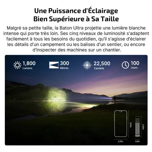 Lampe Torche EDC Olight Baton Ultra 1800 Lumens - Longue Portée 300m - Recharge USB-C/MCC3 - Batterie 18650 Remplaçable