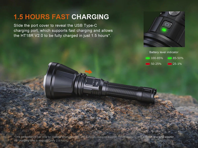 Lampe Torche Fenix HT18R V2.0 - 3700 Lumens - Portée extrême 1100 mètres - Double interrupteur latéral  NYCTALOPE  