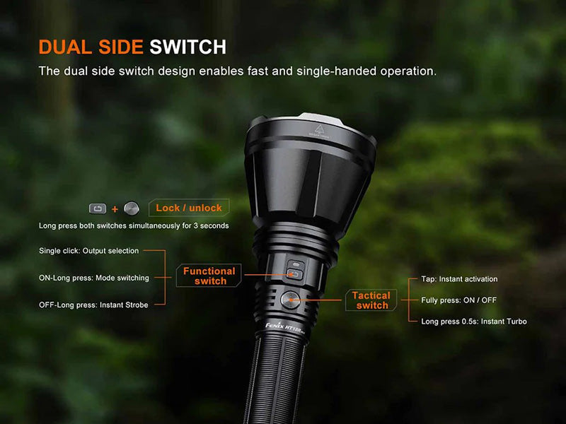 Lampe Torche Fenix HT18R V2.0 - 3700 Lumens - Portée extrême 1100 mètres - Double interrupteur latéral  NYCTALOPE  
