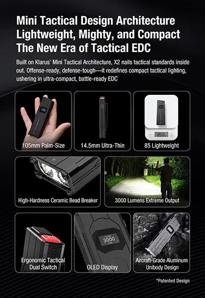 Lampe Torche FlatTac Klarus X2 - 3000Lumens rechargeable USB-C - Ultra fine  NYCTALOPE  