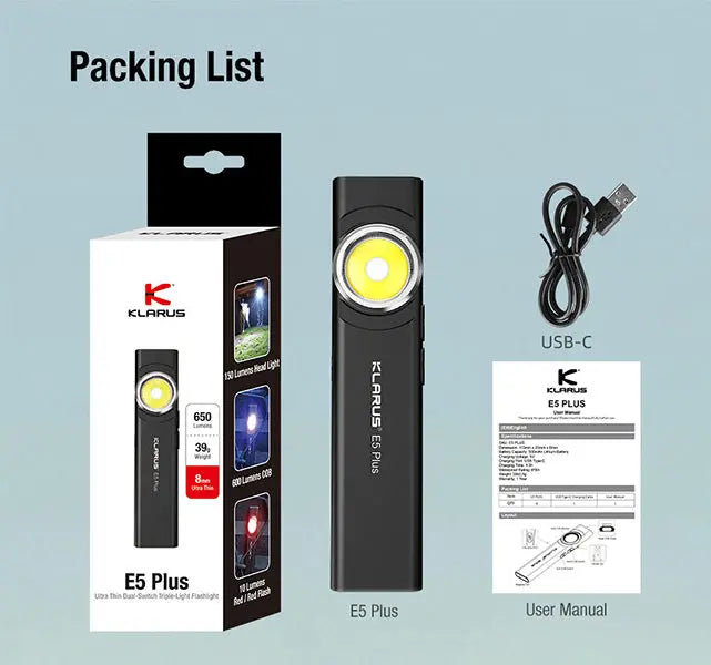 Lampe Torche Klarus E5 Plus 650 Lumens - Ultra-Compacte - Triple Éclairage - Rechargeable USB-C  NYCTALOPE  