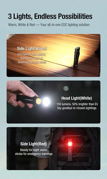 Lampe Torche Klarus E5 Plus 650 Lumens - Ultra-Compacte - Triple Éclairage - Rechargeable USB-C  NYCTALOPE  