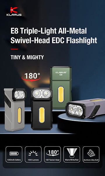 Lampe de poche Klarus E8 1000 Lumens - Triple Éclairage - Tête Pivotante 180° - Rechargeable USB-C Klarus