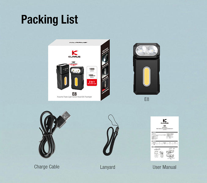 Lampe de poche Klarus E8 1000 Lumens - Triple Éclairage - Tête Pivotante 180° - Rechargeable USB-C - Noir  NYCTALOPE  