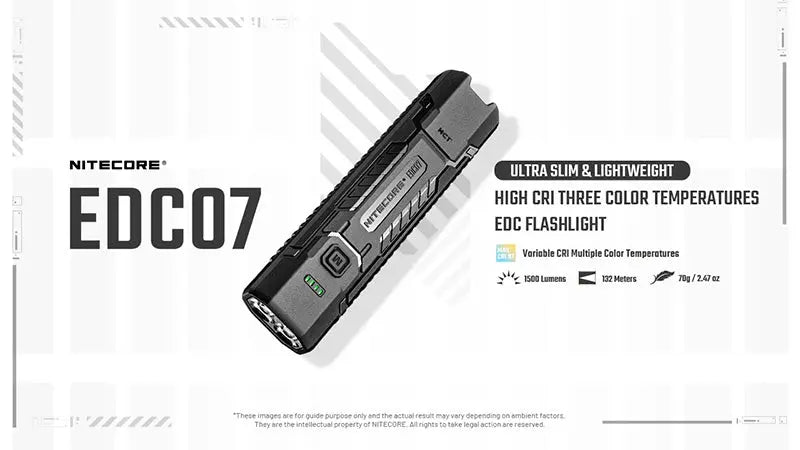 Lampe Torche Nitecore EDC07 - 1500 Lumens  - 3 Températures de Couleur - Rechargeable USB-C - Design Slim Ultra-Léger - NYCTALOPE