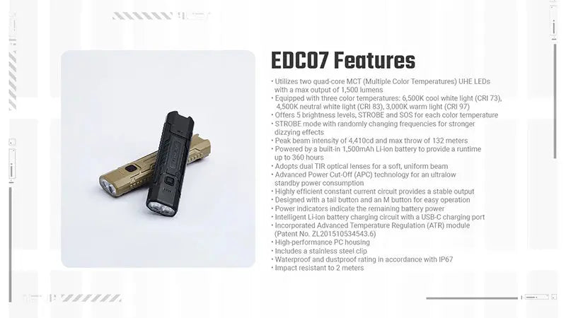 Lampe Torche Nitecore EDC07 - 1500 Lumens  - 3 Températures de Couleur - Rechargeable USB-C - Design Slim Ultra-Léger - NYCTALOPE
