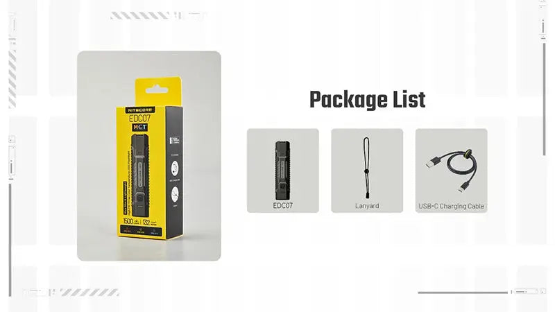 Lampe Torche Nitecore EDC07 - 1500 Lumens  - 3 Températures de Couleur - Rechargeable USB-C - Design Slim Ultra-Léger - NYCTALOPE