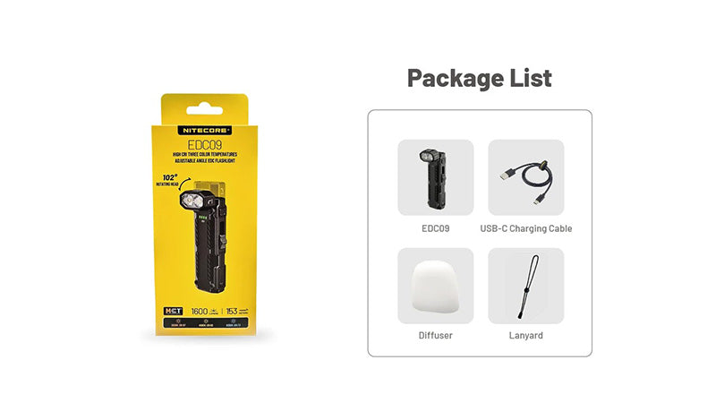 Lampe Torche Nitecore EDC09 - 1600 Lumens - Tête Rotative 102° - 3 Températures de Couleur  NYCTALOPE  