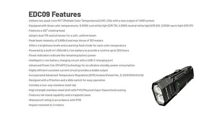 Lampe Torche Nitecore EDC09 - 1600 Lumens - Tête Rotative 102° - 3 Températures de Couleur  NYCTALOPE  