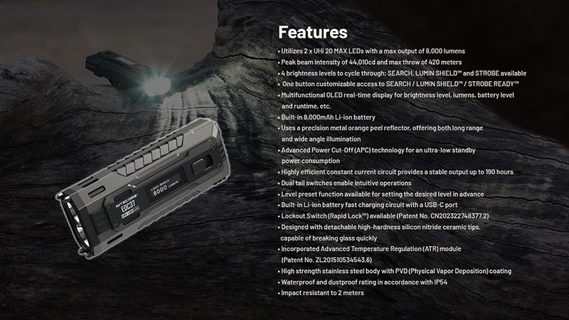 Lampe Torche Nitecore EDC37 8000 Lumens - Rechargeable USB-C - Écran OLED - NYCTALOPE