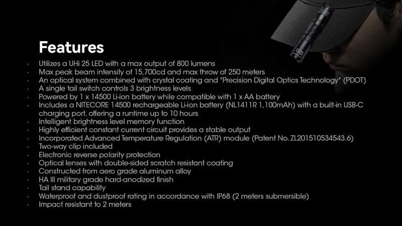 Lampe Torche Nitecore MT1A PRO - 800 Lumens  NYCTALOPE  