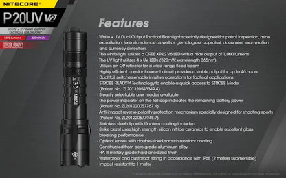 Lampe Torche Nitecore P20UV V2 – 1000 Lumens  NYCTALOPE  