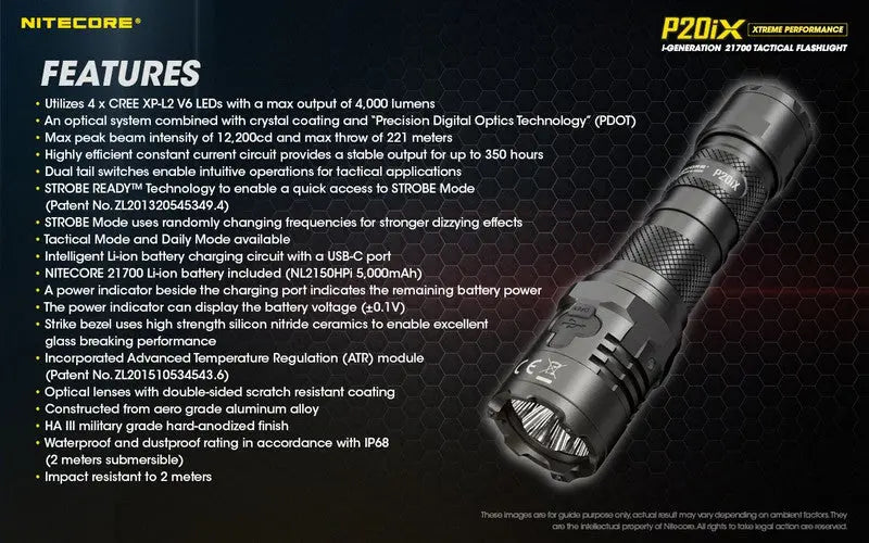 Lampe Torche Nitecore P20ix - 4000 Lumens rechargeable USB-C  NYCTALOPE  