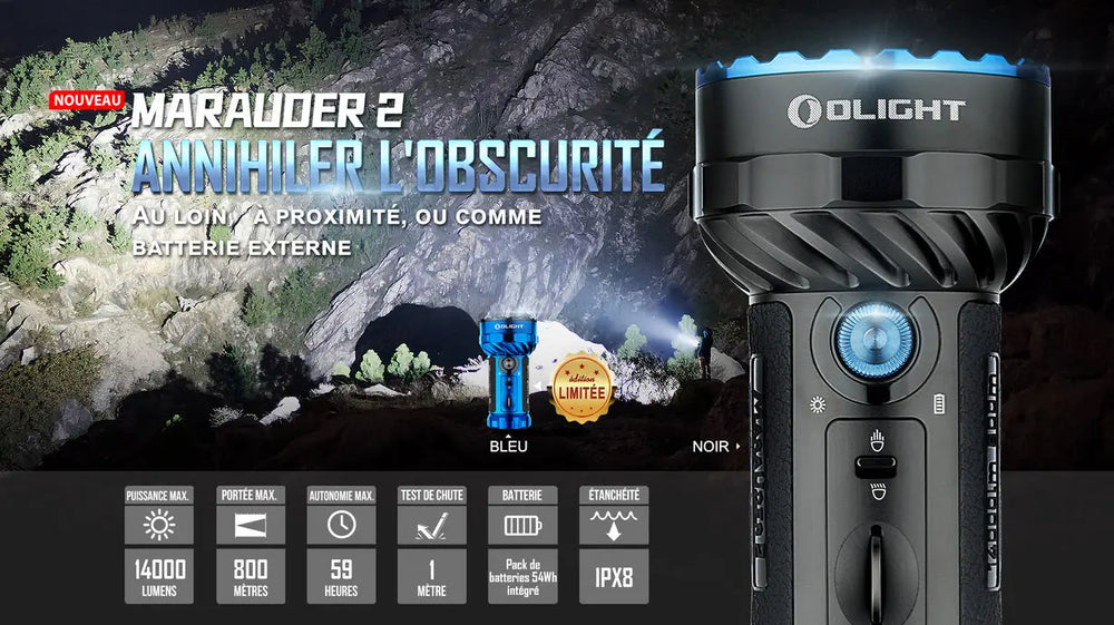 Lampe Torche puissante Olight MARAUDER 2 - 14000 Lumens – Rechargeable  NYCTALOPE  