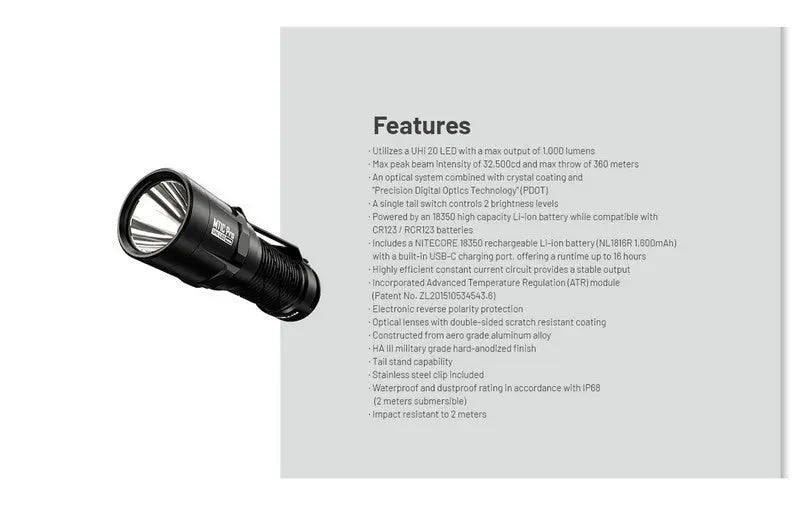 Lampe Torche tactique Nitecore MT1C PRO - 1800Lumens  NYCTALOPE  