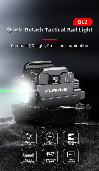 Lampe arme de poing Klarus GL2 - 1000 Lumens et Laser Vert intégré - rechargeable USB-C  NYCTALOPE  