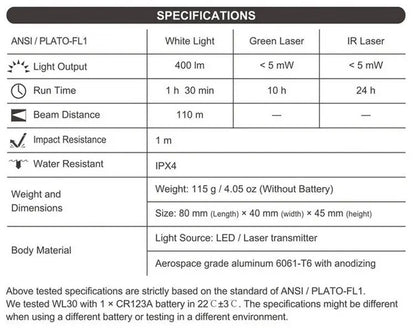 Lampe arme de poing Nextorch WL30 - 400 Lumens - laser vert et IR Infra rouge - Fixation sur rail  NYCTALOPE  