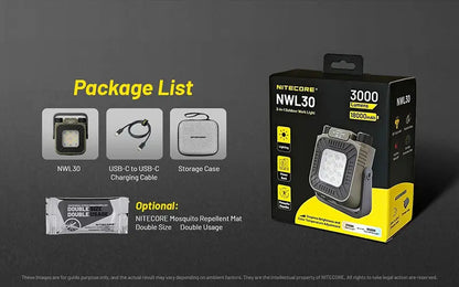 Lampe de Travail Nitecore NWL30 3000 Lumens - 3 en 1 - Anti-moustique - Powerbank - Orientable 360°  - Rechargeable USB-C - NYCTALOPE
