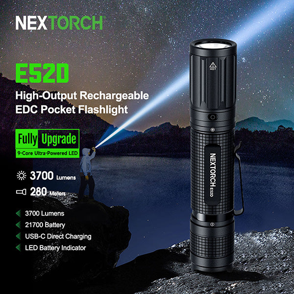 Lampe torche tactique Nextorch E52D - 3700Lumens - rechargeable USB-C  NYCTALOPE  