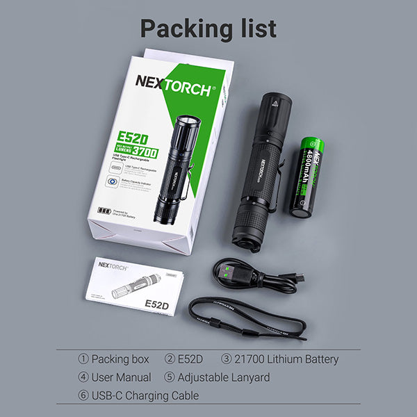Lampe torche tactique Nextorch E52D - 3700Lumens - rechargeable USB-C  NYCTALOPE  