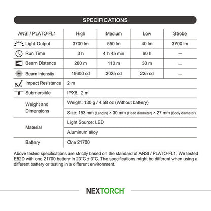 Lampe torche tactique Nextorch E52D - 3700Lumens - rechargeable USB-C  NYCTALOPE  