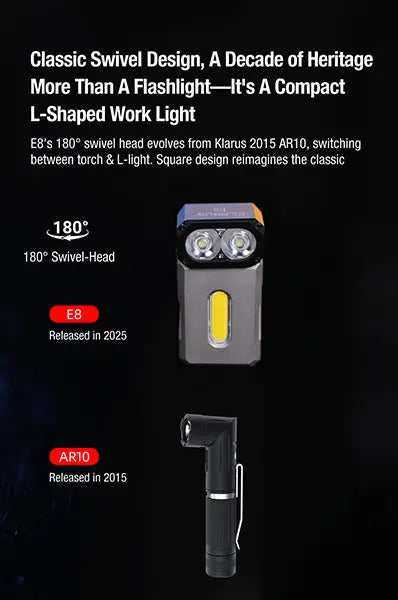 Lampe de poche Klarus E8 1000 Lumens - Triple Éclairage - Tête Pivotante 180° - Rechargeable USB-C - Noir  NYCTALOPE  