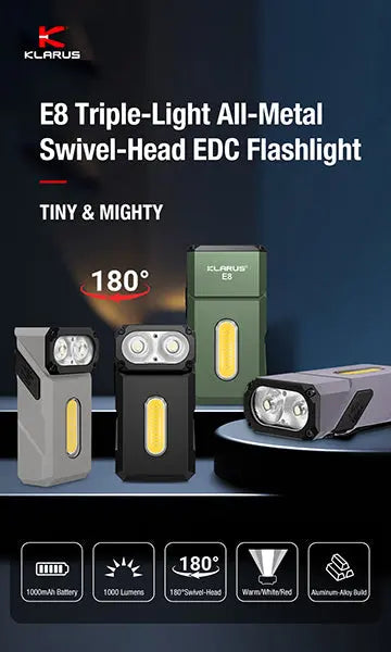 Lampe de poche Klarus E8 1000 Lumens - Triple Éclairage - Tête Pivotante 180° - Rechargeable USB-C - Noir  NYCTALOPE  