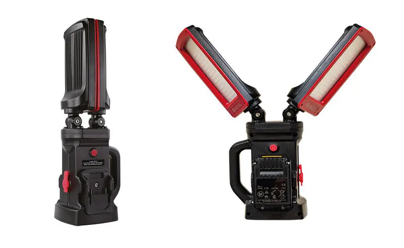 Lampe de travail NightSearcher TwinStar Connect rechargeable - 12000 Lumens - Double tête orientable - Compatible 11 marques d'outils électriques - NYCTALOPE