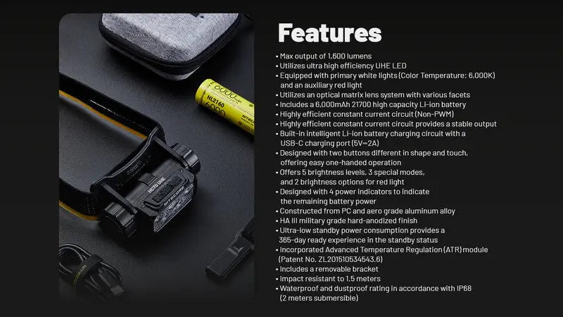 Lampe frontale Nitecore HC70 UHE - 1600 Lumens  NYCTALOPE  