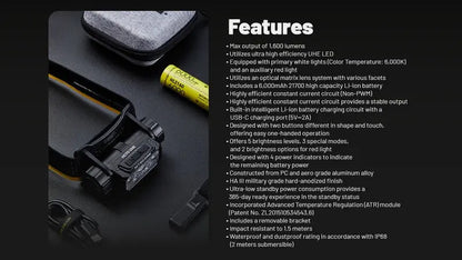 Lampe frontale Nitecore HC70 UHE - 1600 Lumens  NYCTALOPE  