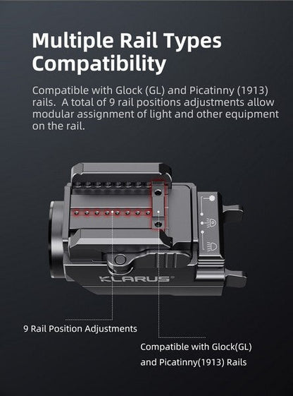 Lampe arme de poing Klarus GL2 - 1000 Lumens et Laser Vert intégré - rechargeable USB-C  NYCTALOPE  