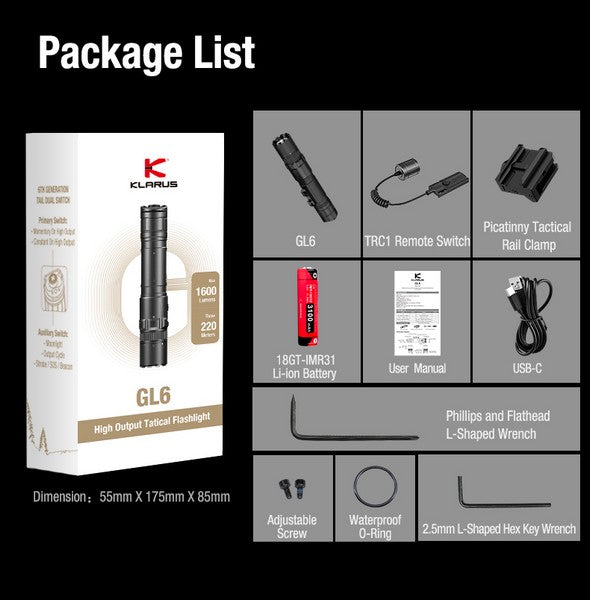 Lampe tactique Klarus GL6 1600 Lumens rechargeable USB-C + Support Picatinny + TRC1 - NYCTALOPE