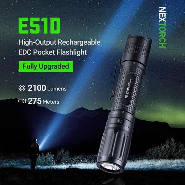 Lampe torche tactique Nextorch E51D - 2100 Lumens - rechargeable USB-C  NYCTALOPE  