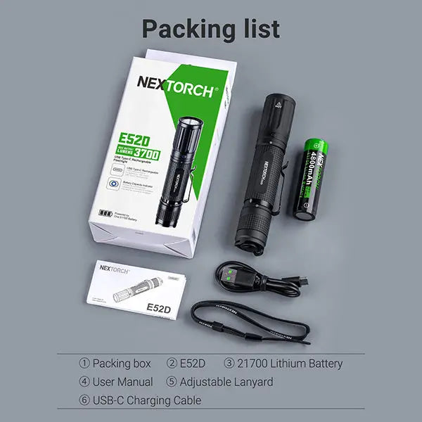 Lampe torche tactique Nextorch E52D - 3700Lumens - rechargeable USB-C  NYCTALOPE  