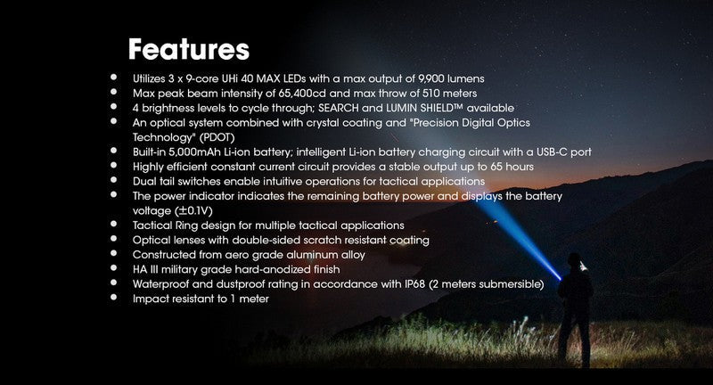 Lampe Torche Tactique Nitecore TM9K Pro 9900 Lumens rechargeable USB-C Nitecore