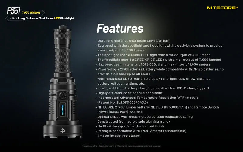 Lampe torche tactique laser Nitecore P35i LEP – 3000 Lumens  NYCTALOPE  