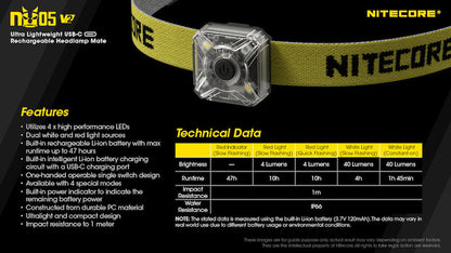 Lampe Frontale Nitecore NU05V2 KIT – 40 Lumens  NYCTALOPE  