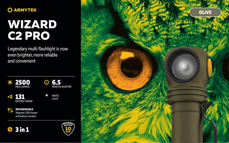 Lampe Frontale Armytek Wizard C2 PRO OLIVE Magnet USB 2500 Lumens  NYCTALOPE  