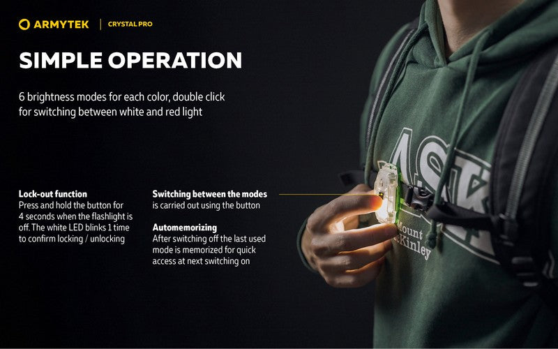 Lampe Armytek Crystal PRO – 220 Lumens Blanc + 30 Lumens Rouge - Accéléromètre  NYCTALOPE  