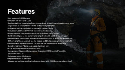 Lampe frontale professionnelle Nitecore HC75 UHE 300 Lumens rechargeable USB-C - Lumière rouge - NYCTALOPE