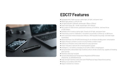 Lampe Torche Nitecore EDC17 - 1500 Lumens - LED Blanche + UV + Laser Vert - Design Plat Rechargeable USB-C  NYCTALOPE  