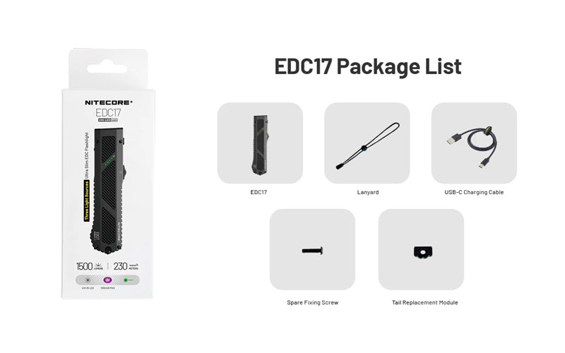 Lampe Torche Nitecore EDC17 - 1500 Lumens - LED Blanche + UV + Laser Vert - Design Plat Rechargeable USB-C  NYCTALOPE  