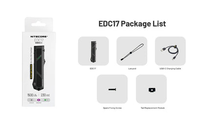 Lampe Torche Nitecore EDC17 - 1500 Lumens - LED Blanche + UV + Laser Vert - Design Plat Rechargeable USB-C  NYCTALOPE  