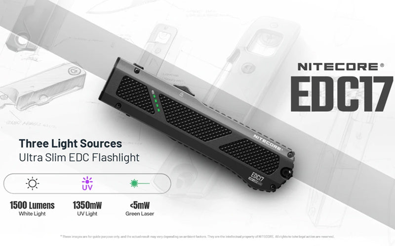 Lampe Torche Nitecore EDC17 - 1500 Lumens - LED Blanche + UV + Laser Vert - Design Plat Rechargeable USB-C  NYCTALOPE  